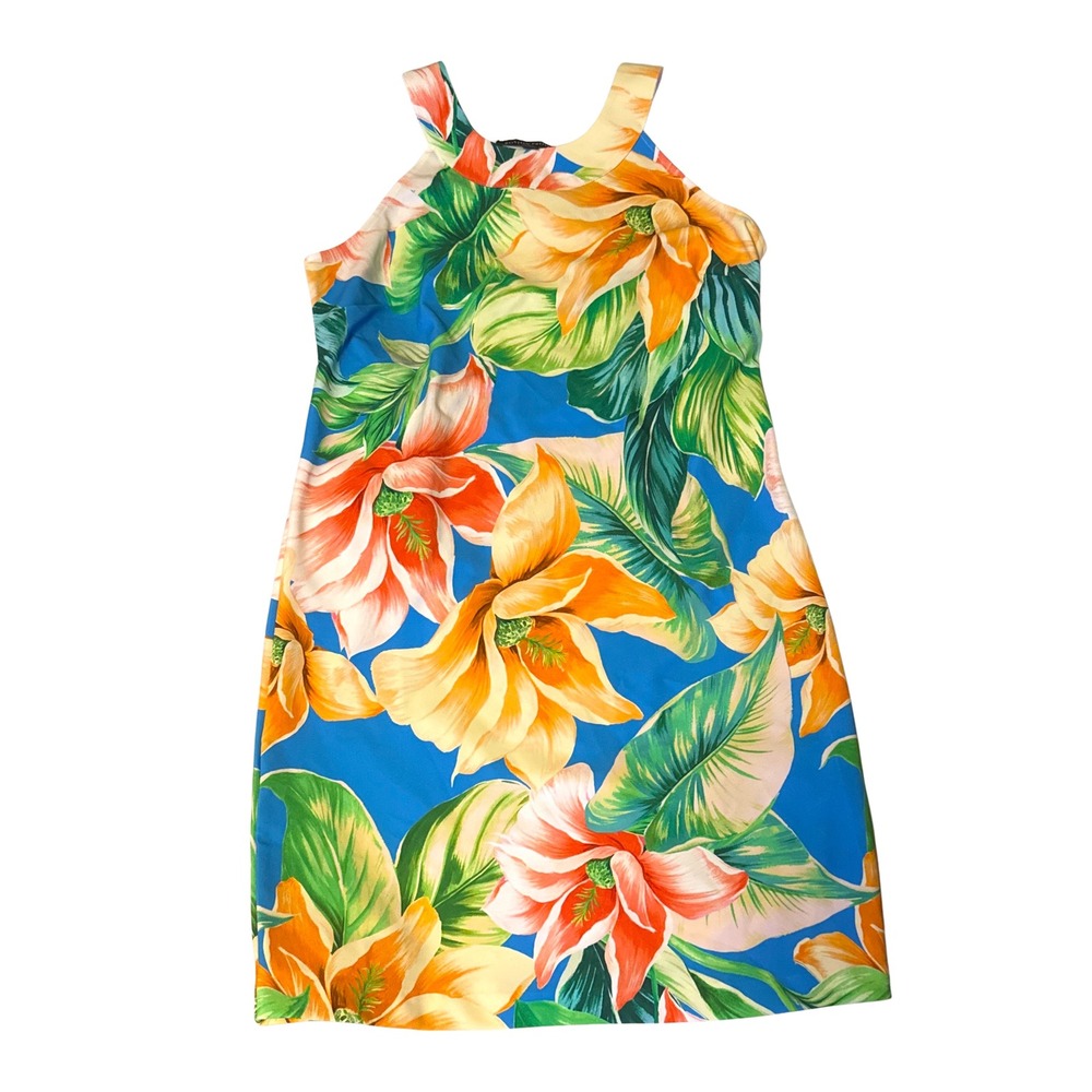 Boston Proper Women Blue Orange Tropical Floral Halter Shift Dress Size M